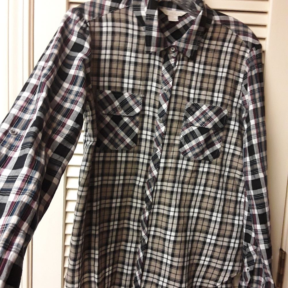 Brown Striped Button Down Top M Khakis and Co